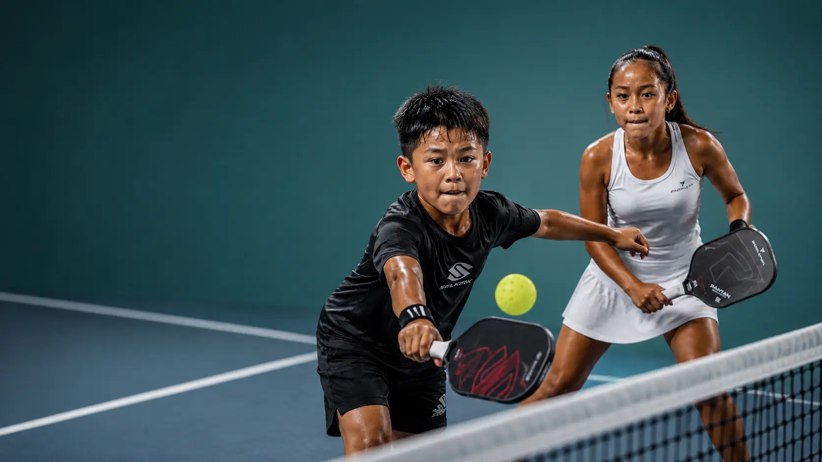 Pickleball doubles players at the net
